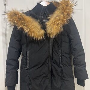 Mackage Black Puffer Coat with Faux Fur Trim